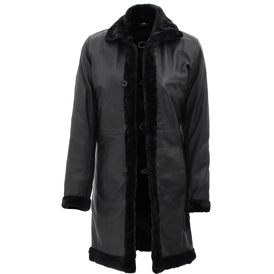 Women’s Black Lambskin Shearling Leather Coat | 3/4 Length | Full Grain Apparel