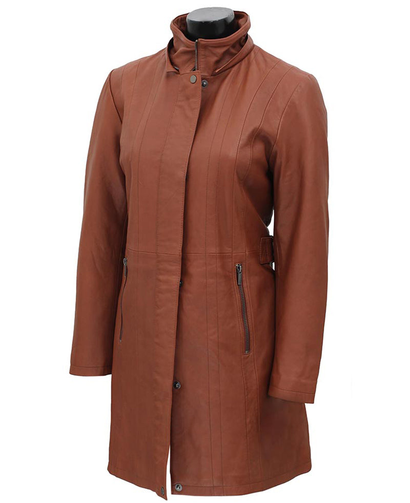 Women’s Brown Leather Coat | 3/4 Length with Removable Fur Hood | Full Grain Apparel