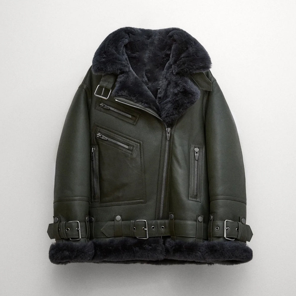 Women’s "Forest Aviator" RAF Styled Jacket | Emerald Lambskin & Black Shearling Bomber | Full Grain Apparel
