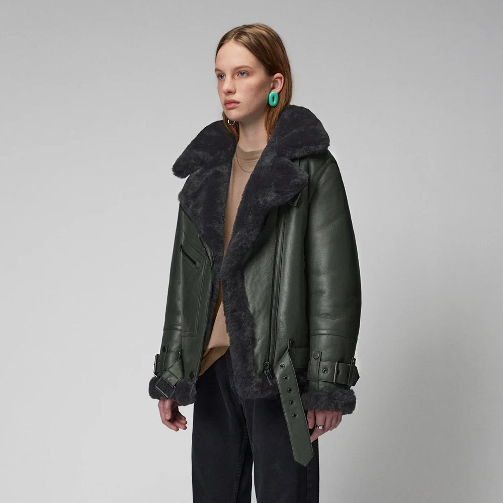 Women’s "Forest Aviator" RAF Styled Jacket | Emerald Lambskin & Black Shearling Bomber | Full Grain Apparel