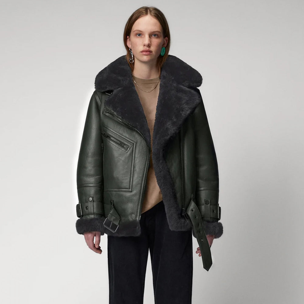 Women’s "Forest Aviator" RAF Styled Jacket | Emerald Lambskin & Black Shearling Bomber | Full Grain Apparel
