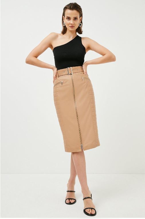 Women’s "Autumn Luxe" Quilted Leather Midi Skirt | Brown Belted Sheepskin A-Line Skirt with Full Zipper | Full Grain Apparel