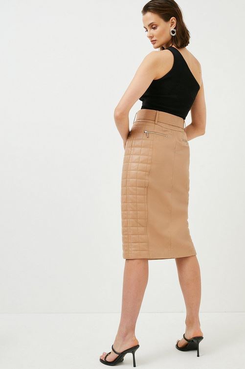Women’s "Autumn Luxe" Quilted Leather Midi Skirt | Brown Belted Sheepskin A-Line Skirt with Full Zipper | Full Grain Apparel