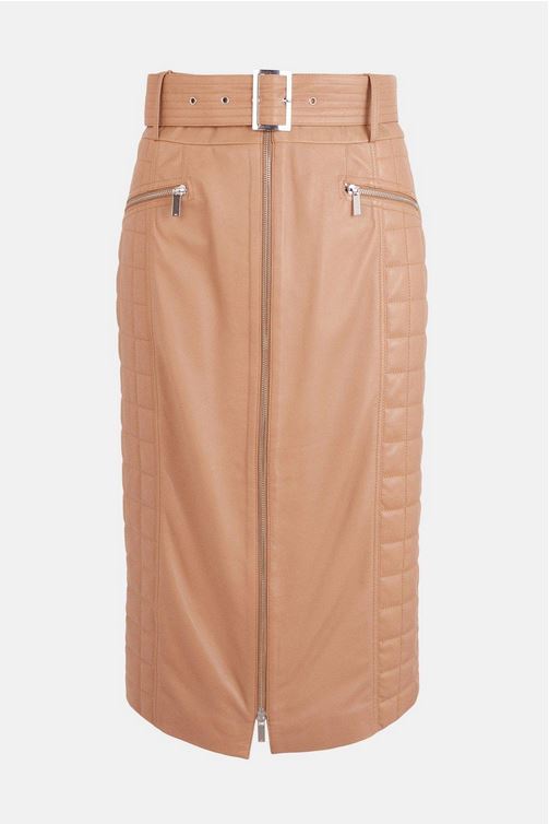 Women’s "Autumn Luxe" Quilted Leather Midi Skirt | Brown Belted Sheepskin A-Line Skirt with Full Zipper | Full Grain Apparel