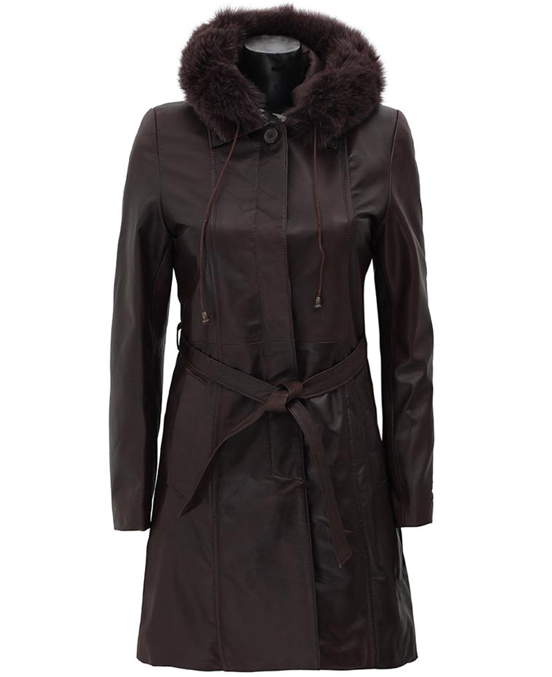 Women’s Dark Brown Leather Coat | Removable Fur Hood | Full Grain Apparel