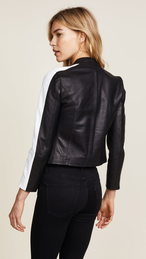 Chaqueta de cuero Michel Racer para hombre | Negro y blanco | Prenda de piel plena flor