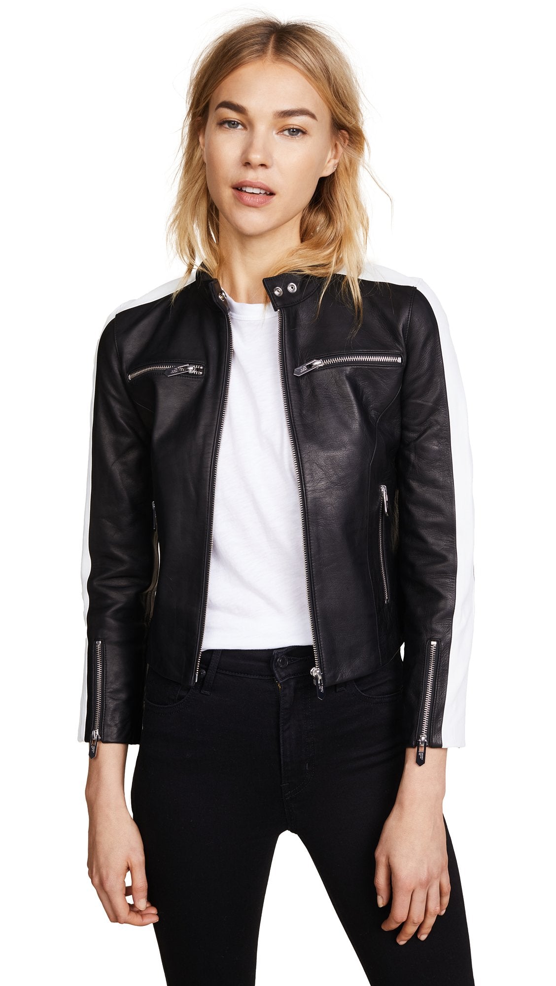 Chaqueta de cuero Michel Racer para hombre | Negro y blanco | Prenda de piel plena flor