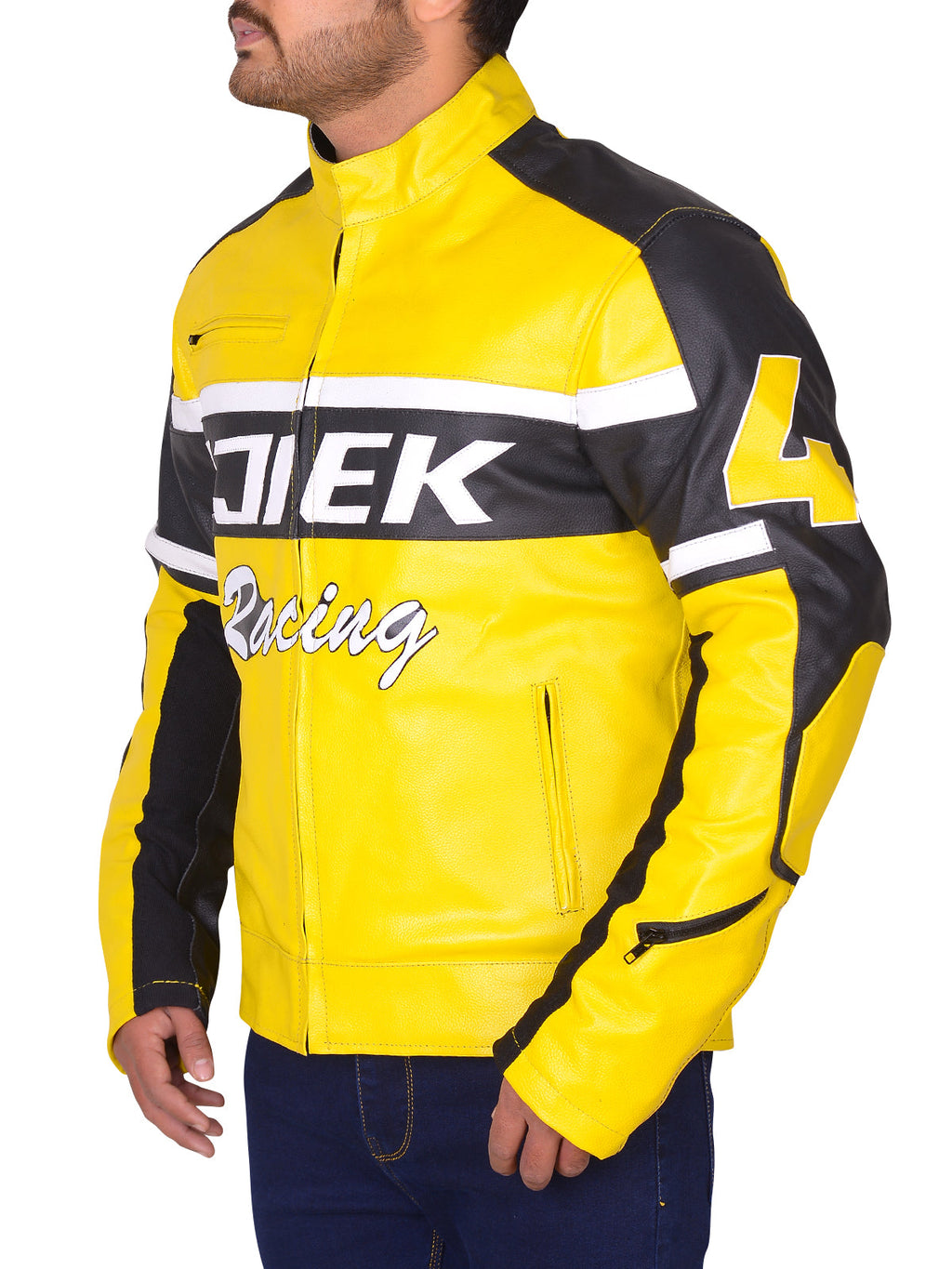 Chaqueta de cuero de motociclista negra y amarilla para hombre | Estilo de carreras de alto contraste | Prenda de cuero plena flor