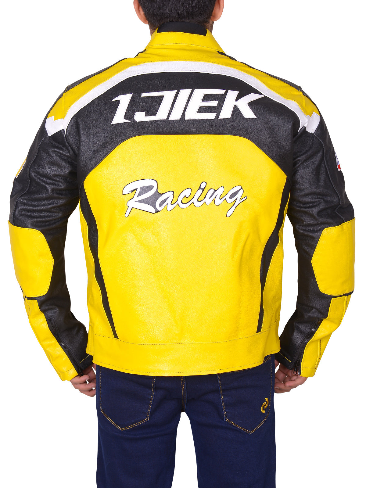 Chaqueta de cuero de motociclista negra y amarilla para hombre | Estilo de carreras de alto contraste | Prenda de cuero plena flor